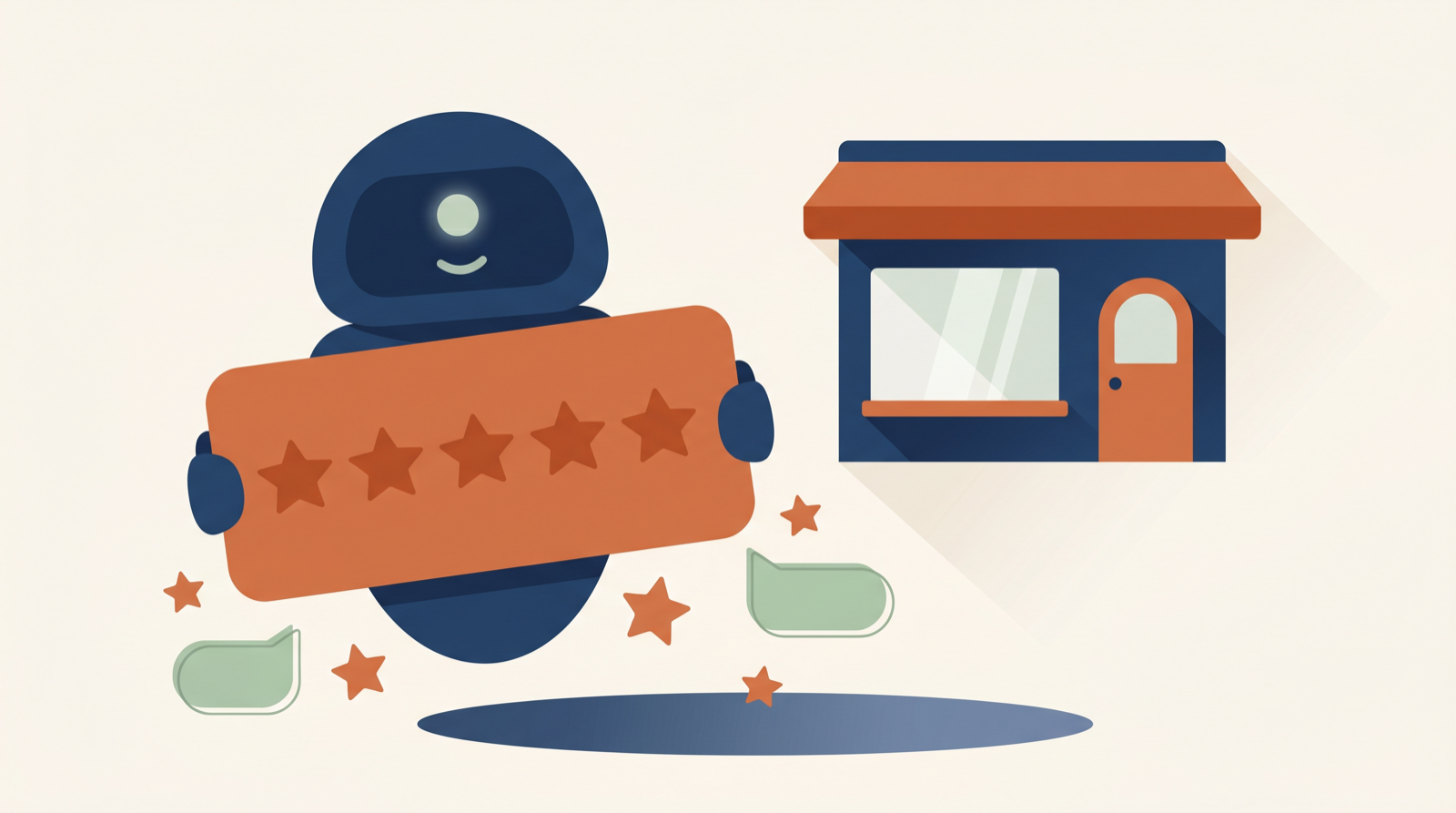 Illustration of an AI assistant holding up a five-star review card next to a small storefront
