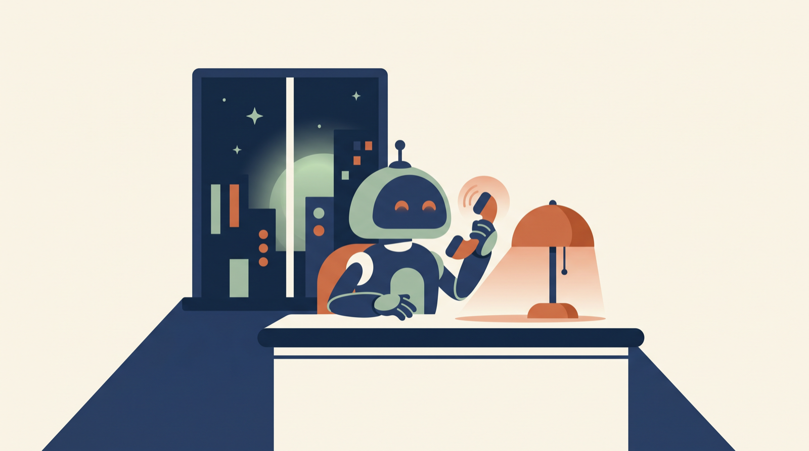 Illustration of an AI assistant answering a phone at a front desk at night beside a warm desk lamp