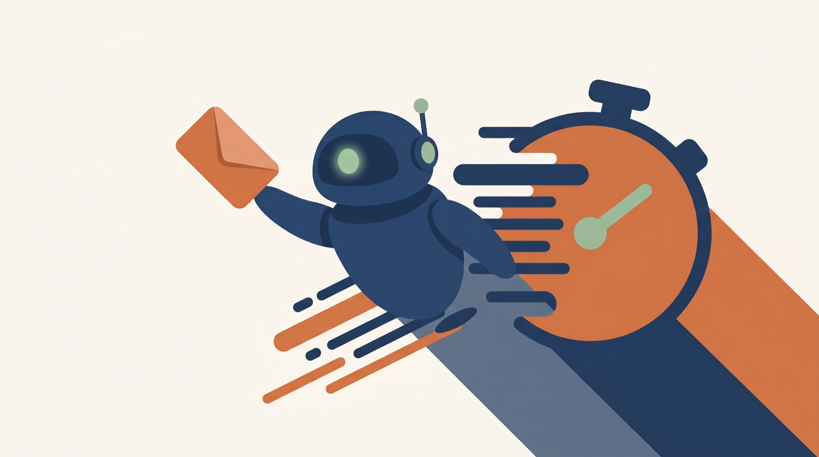 Illustration of an AI assistant dashing to catch a message envelope beside a stopwatch, with motion lines