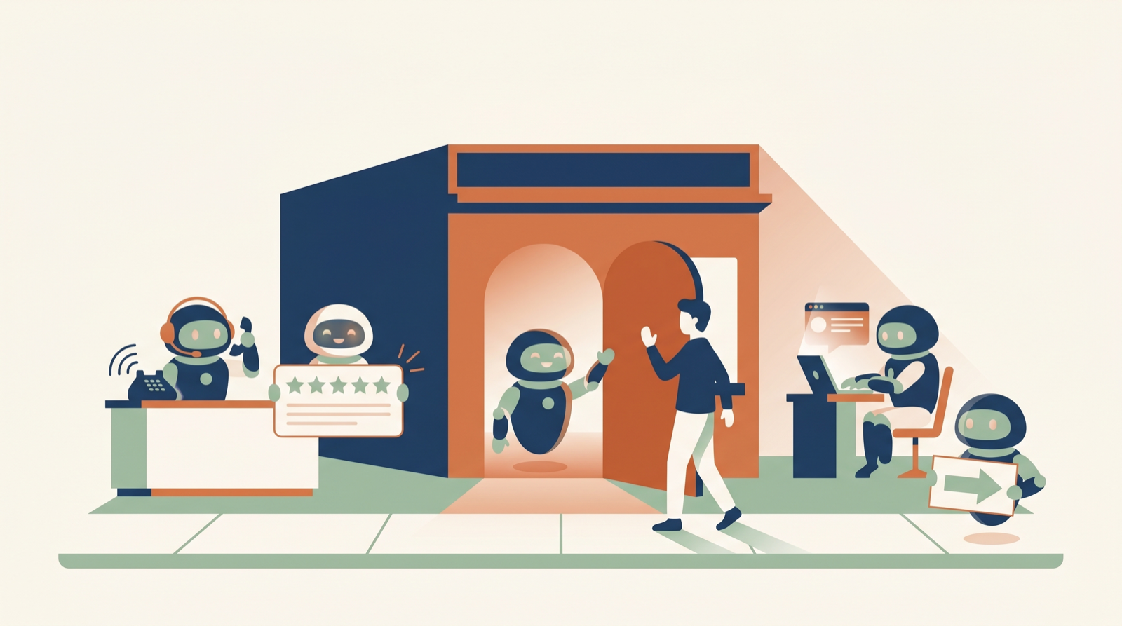 Illustration of an open storefront with AI assistants answering the phone, holding a five-star review, and greeting a customer at the open door